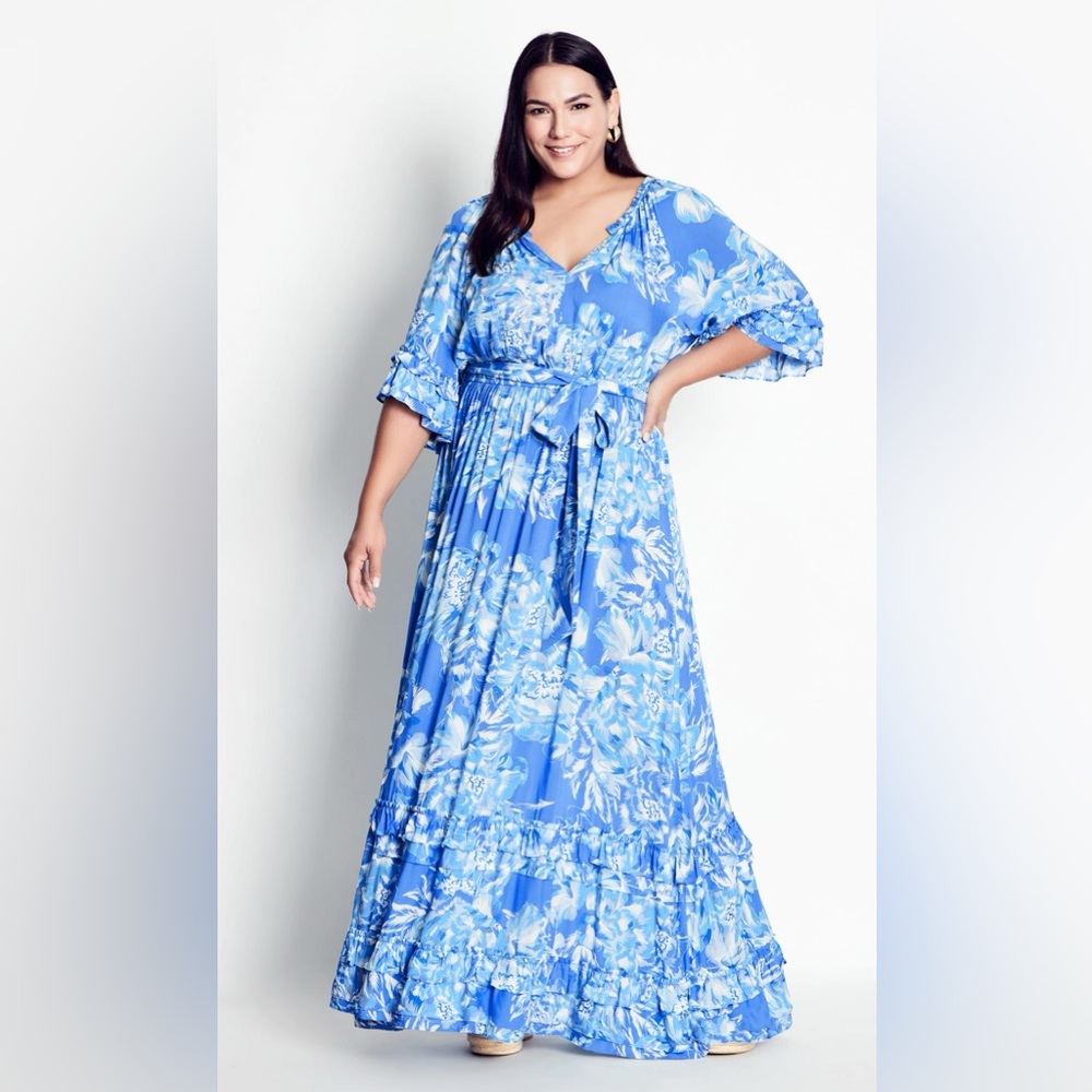 Blue Floral Frill Smock Maxi Dress